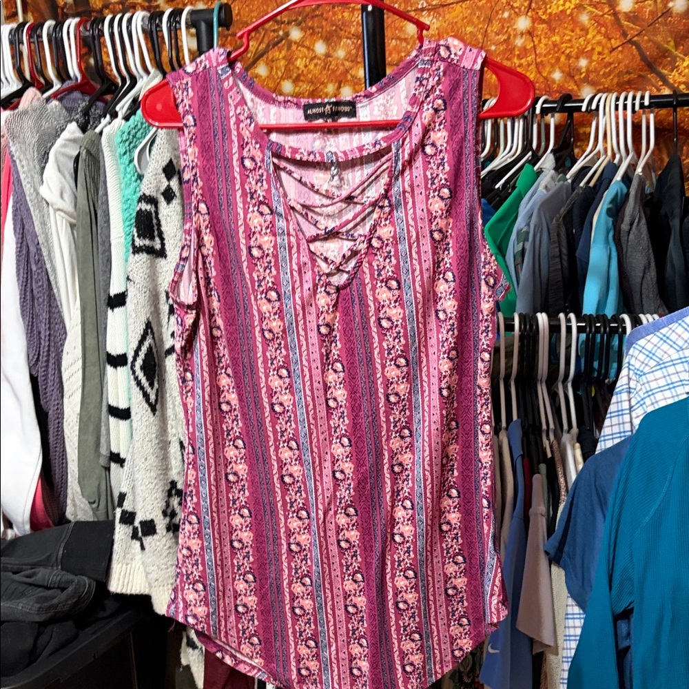 Almost Famous Pink Striped Floral Lace-Up Cold Shoulder Tank